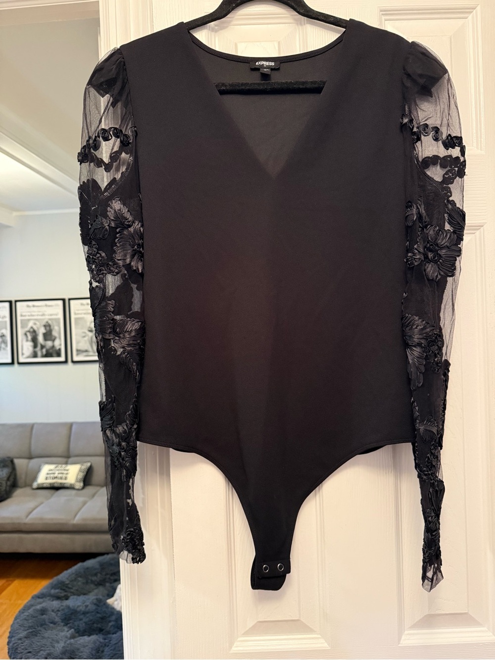 Express Black V-Neck Embroidered Sheer Sleeve Bodysuit